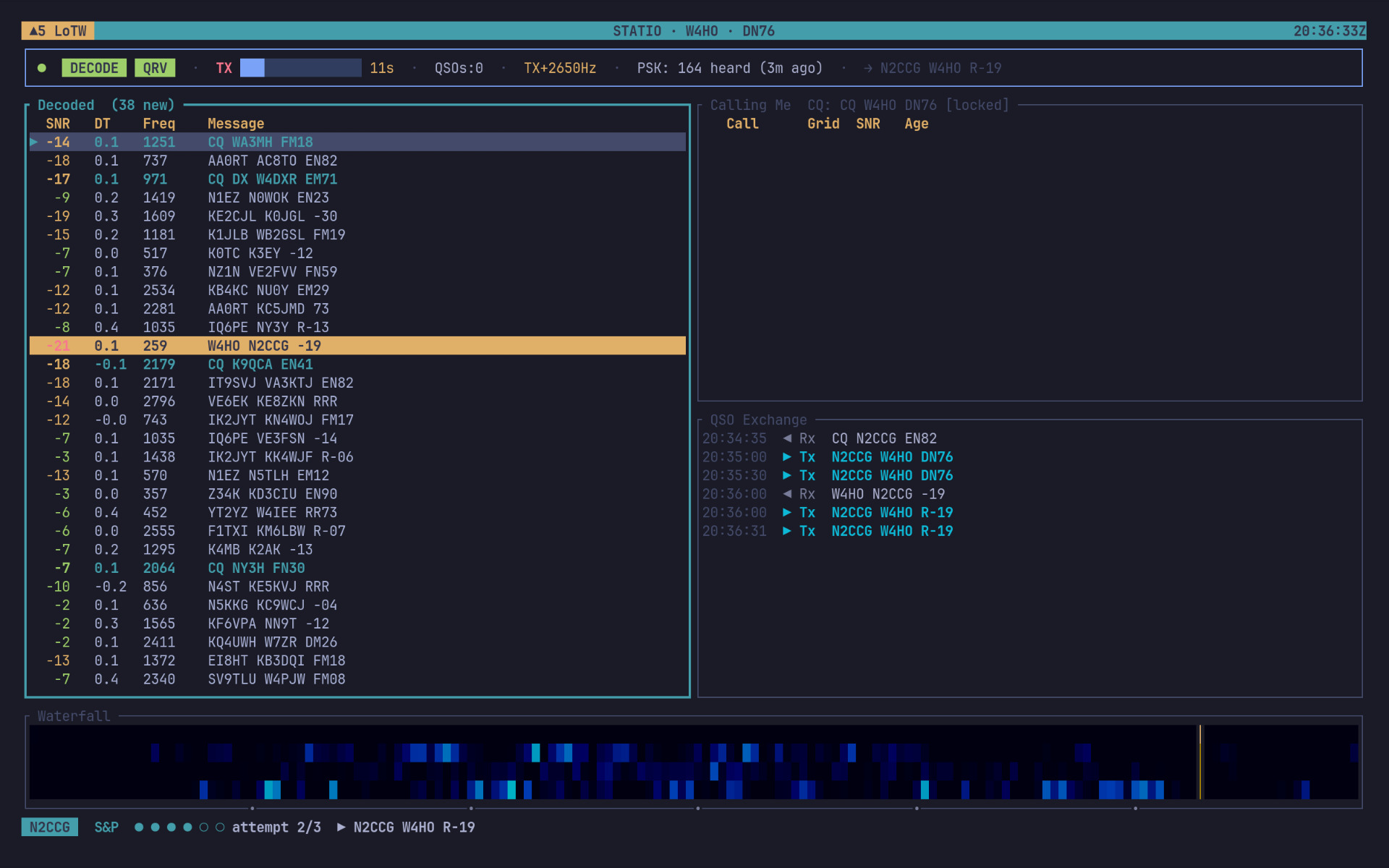 Statio — W4HO's FT8 TUI: live decodes and a QSO in progress